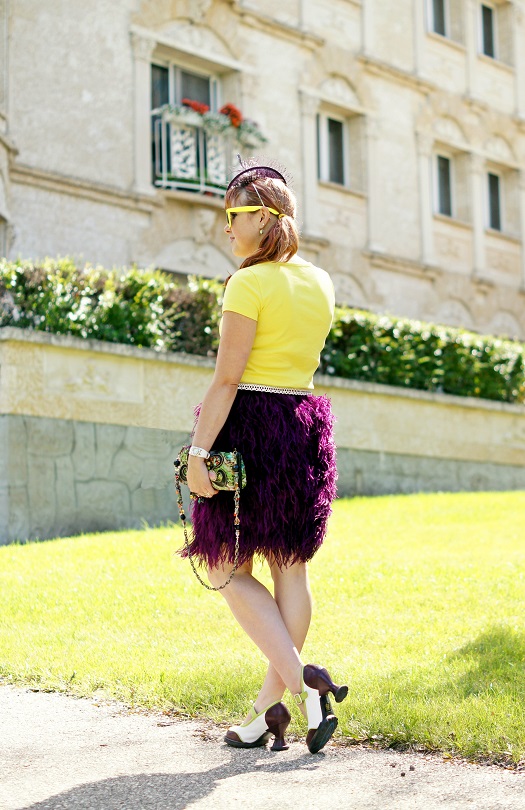 Winnipeg Fashion Blog, Canadian Fashion Blog, Joe Fresh yellow green neon citrus cotton t-shirt top, Pink Tartan Oliviana purple plum ostritch feather skirt, BCBG Max Arzia white gardenia cutout perforated waist belt, Mary Frances accessories Force of Nature green silk watercolor beaded clutch evening bag purse, Swarovski crystal white leather wrist watch, BCBG Max Azria neon yellow green cuff bangle, Lia Sophia neon yellow green silver ring, BCBG Max Azria purple crystal gold statement collar flower necklace, Jacques Vert purple plum white feather fascinator hat, Ardene neon yellow sunglasses, The Shopping Channel yellow citron gemstone silver earrings, Fluevog Mini Gorgeous limited edition special edition green white purple leather heels